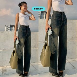 Quần jean nữ SWEET STUDIO  ống suông lưng cao cạp cao basic đơn giản dành cho nữ