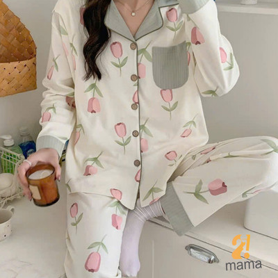 Bộ Pyjama Bầu Mặc Nhà Cotton Hoa tuy lip Đồ Bầu Sau Sinh Mở 2 Bên Cho Con Bú Và Quần Chun Chỉnh Bụng, Dài Tay 2mama