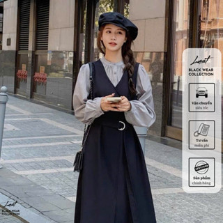 Set váy yếm cổ V dáng dài kèm belt và áo sơ mi tay bồng  LUST chất liệu dày dặn T780