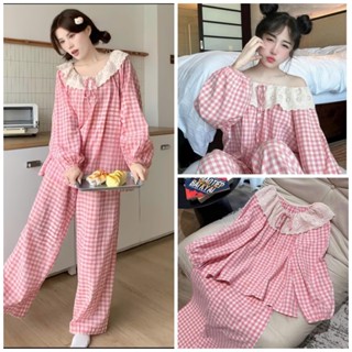  Bộ ngủ pyjama nữ  bộ ngủ mặc nhà bẹt vai tay dài phối ren bèo kẻ caro chất vải đũi xốp mềm mát dễ thương CARY 