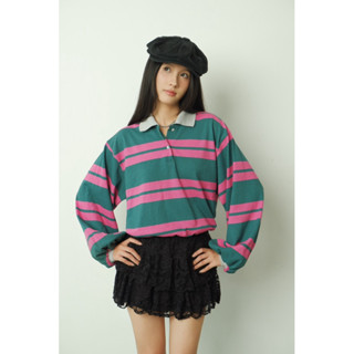 OLALASTUDIO Áo polo tay dài sọc xanh hồng cổ xám