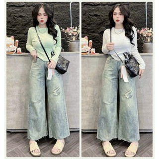 [HÀNG XỊN] QUẦN JEAN ỐNG RỘNG NỮ LƯNG CAO RÁCH CÀO LAI TUA MÀU XANH NHẠT XANH ĐẬM DÀI 90CM NẤM LÙN