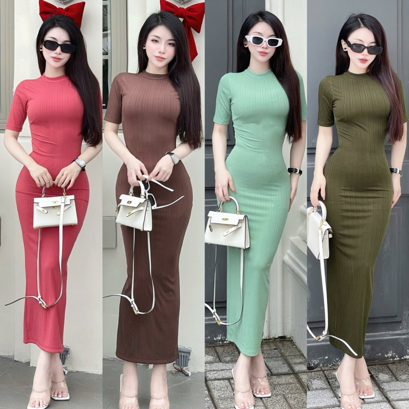 Đầm body dáng dài tay lửng cổ tròn, Váy Body vải thun gân Quảng Châu co giãn mát mẻ đi chơi ANZi Hou