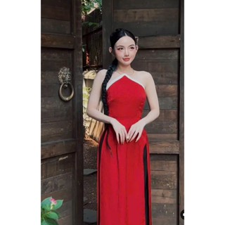 * Set bộ áo dài thiết kế mặc đi chơi tết chất tuyết nhung cổ yếm vòng kiềng không tay xẻ lai quần ống rộng bo thun