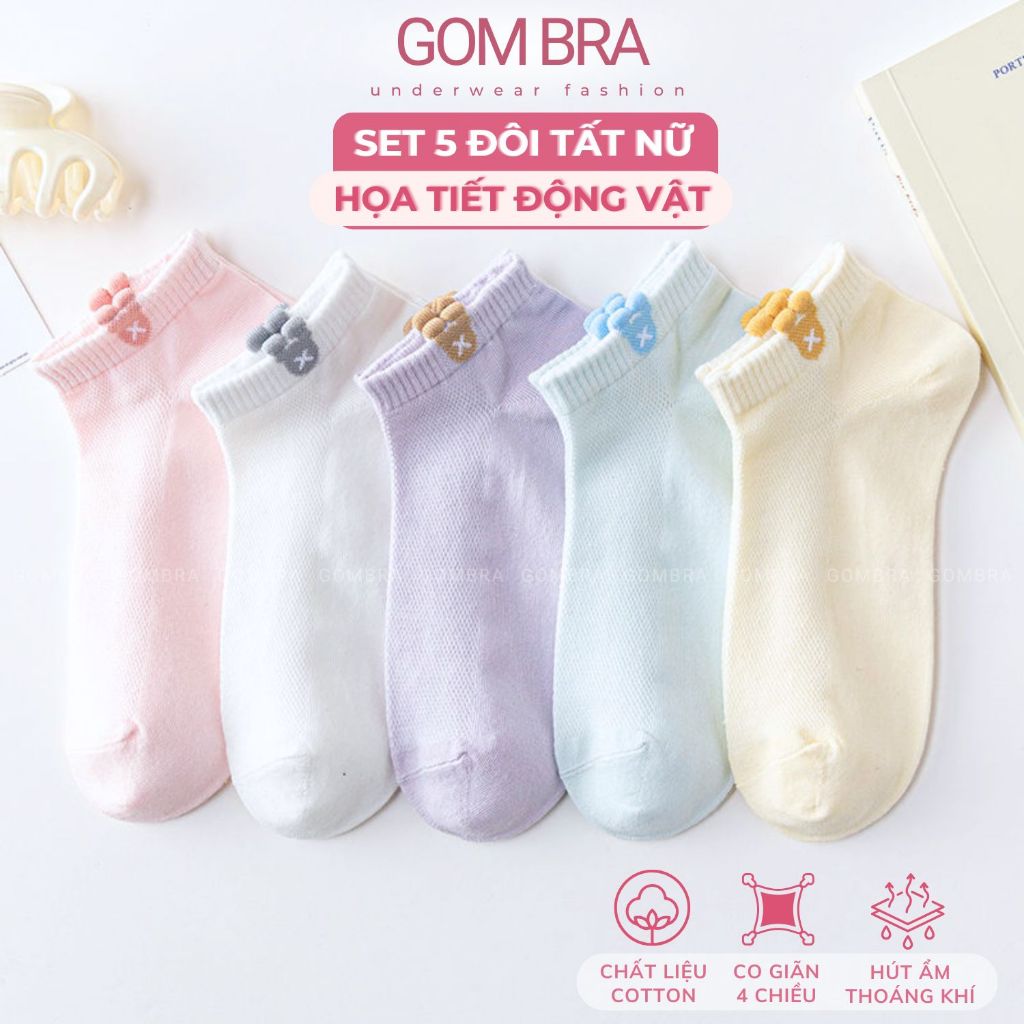Combo 5 đôi tất nữ cố ngắn Gom Bra, vớ dễ thương chất liệu cotton mềm mịn, hút ẩm khử mùi êm chân - CB104