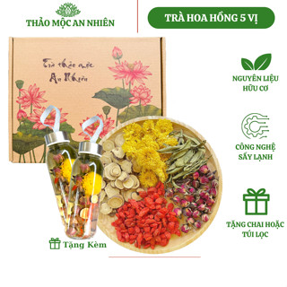 Trà dưỡng nhan hoa hồng 5 vị thảo mộc đẹp da, an thần, dễ ngủ, giảm stress, điều hoà huyết áp, trà hoa thảo mộc