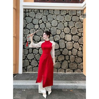 * Set bộ áo dài thiết kế mặc đi chơi lễ tết chất lụa cổ tàu đính nơ cườm tay lỡ xẻ lai quần ống rộng bo thun dáng maxi