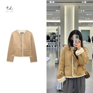  áo khoác Zara nữ da lộn dáng đẹp cao cấp cổ tròn màu nâu be lót long trắng phối viền áo long khuy cài siêu xinh 