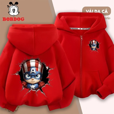 Áo khoác cho bé trai BOBDOG 2026, áo hoodie zip khóa túi chất liệu nỉ da cá mềm mịn in hình MARVEL