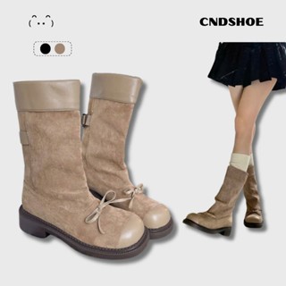 (FREESHIP) Giày Boot Nữ Cổ Cao Mũi Tròn Phối Nơ Tăng Chiều Cao, Giày Bốt Nữ Martin, Mid-Caft Boots