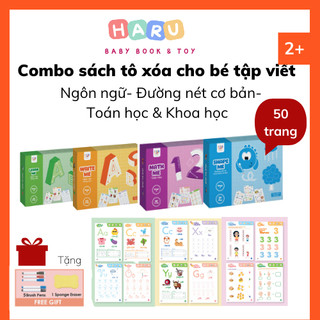 [TẶNG 5 BÚT] Học liệu tô xóa thông minh cho bé luyện viết đường nét cơ bản và toán học - Haru Baby