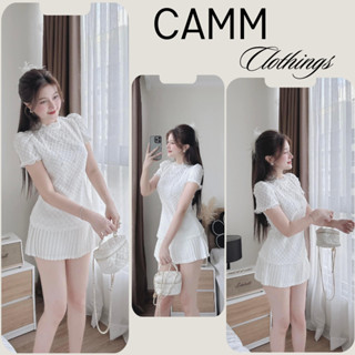 Đồ bộ nữ, set áo ren cộc tay cổ tròn viền vai bồng phối chân váy xếp ly dáng ngắn phong cách tiểu thư Camm HCOM3558