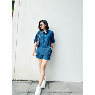Bộ Jeans Nữ Áo Sơmi Cổ Đức Bà Ba + Quần Sooc Có Size 40-85kg