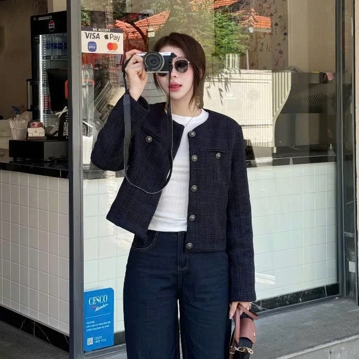 Áo Dạ Tweed Nữ Forly Studio Áo Dạ Xanh Than Cúc Đồng Dáng Vừa T038