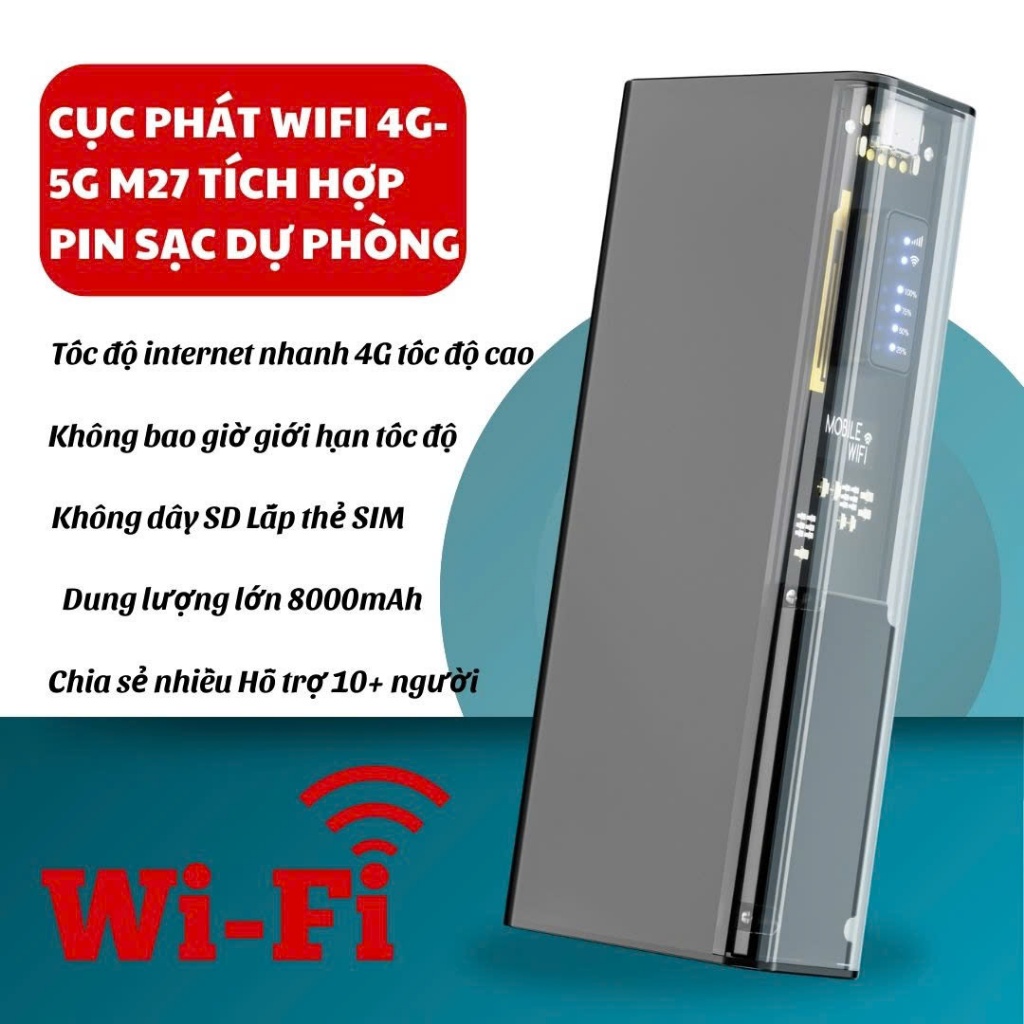 Bộ phát wifi 4G M27 không dây, phát wifi di động kèm sạc dự phòng, kết nối nhiều thiết bị tiện lợi