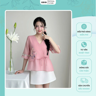 Áo Babydoll 2 lớp tơ hồng ODS thiết kế cổ V, thân trước vạt chéo nơ eo, thêu hoa lá, tay loe trẻ trung năng động - SIB84