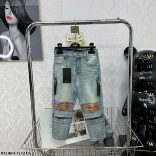  Quần jean bò bé trai Dsq wash xanh bạc  thêu mix vải gối khoá zip ngang viền  đùi phối khoá 2 bên sườn 1242 