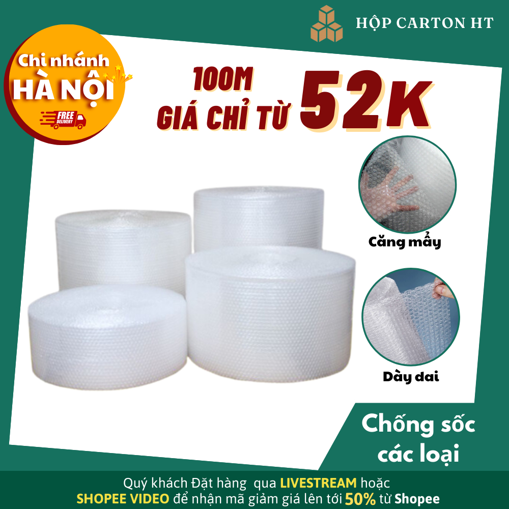 Xốp chống sốc Fullsize, xốp hơi bọc hàng, bóng khí, xốp nổ giá rẻ loại 10m và 100m - Hộp Carton HT