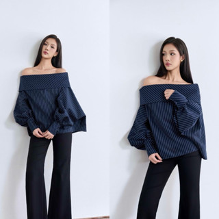 [A0.162] Áo Trễ Vai Kẻ Xanh Tay Bồng Siêu Xinh Dáng Giấu Quần (có chun sau)