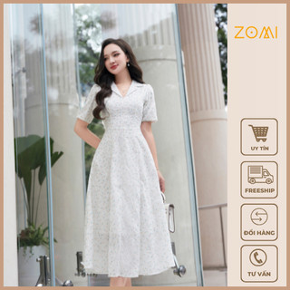 Đầm Công Sở ngắn tay thiết kế cổ vest vải thêu hoa, đầm hoa nhí, váy công sở thanh lịch ZOMI Z047