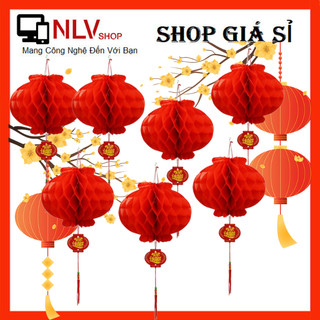  10 Đèn lồng đỏ tổ ong mini nilong chữ Phúc treo trang trí tết,lễ hội,chống thấm nước.Lồng đèn đỏ r# 