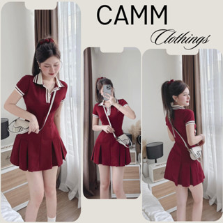 Váy nữ polo dáng ngắn, đầm nữ sơ mi cổ đức tone màu đỏ phối màu kẻ sọc chân váy xếp ly trẻ trung năng động Camm HCOM3556