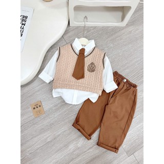 Set bộ gile công tử 3 món gồm áo gile, áo sơ mi trắng kèm cà vạt + quần kaki dáng dài cho bé trai