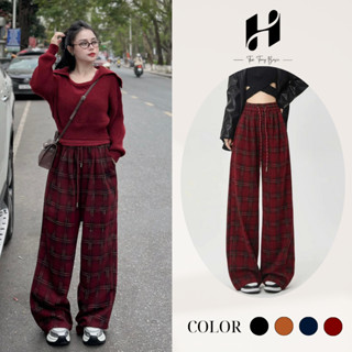 Quần Ống Rộng Nữ Vải Dạ Nhung Dày Dặn Mềm Mại Giữ Ấm, Quần Dạ Suông Kẻ Caro Cạp Chun Tôn Dáng Thời Trang H-Store [6878]
