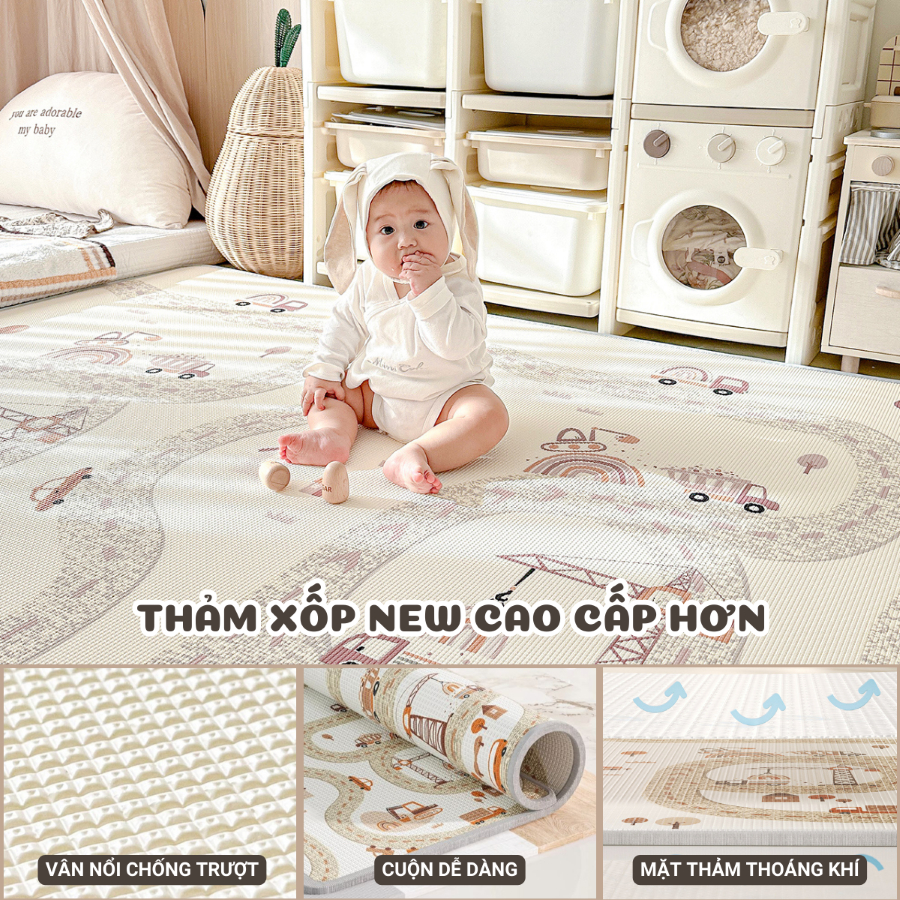 Thảm Xốp Cho Bé Pakey Chống Nước, Thảm Cuộn Phủ XPE 2 Mặt Họa Tiết Dày 2cm Cho Bé Tập Bò Tập Đi