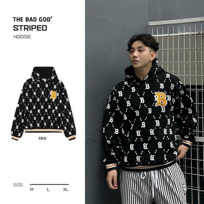 Áo Hoodie Nỉ Bông The Bad God Striped Có Mũ Local Brand Hoạ Tiết Monogram Logo Chữ B Thêu
