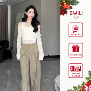 Set áo trễ vai dài tay kiểu nữ Emili phối quần cách điệu ống suông phong cách công sở Hàn Quốc [B71]