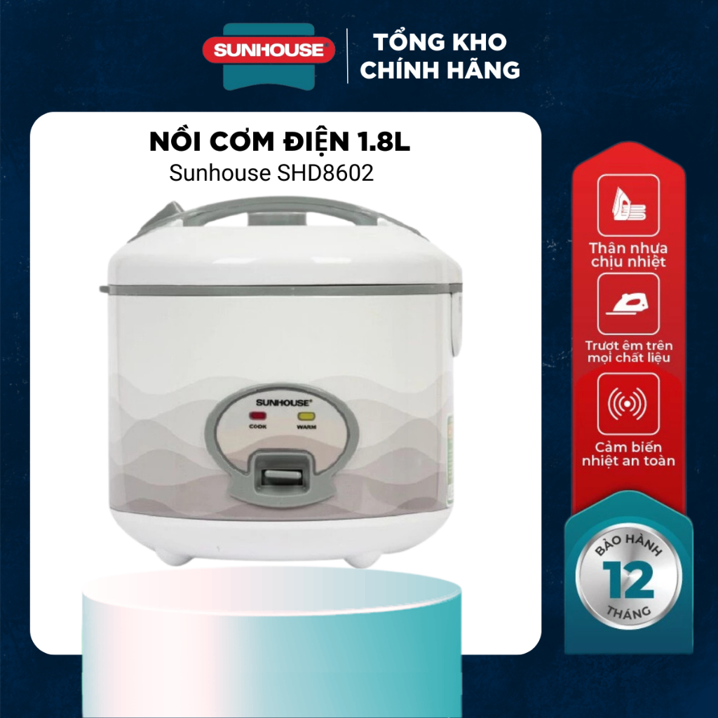 Nồi cơm điện 1.8L Sunhouse SHD8602 công suất 700W tỏa nhiệt đều, nấu nhanh Hàng chính hãng