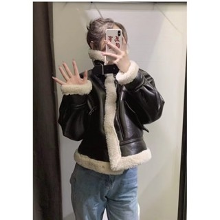 Áo khoác da Forgirl áo da lót lông dáng ngắn kèm đai cổ phối túi phong cách cá tính T093