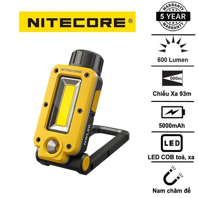 Đèn pin Nitecore NWL20 sáng 600 lumen chiếu xa 93m pin 21700 sạc USB-C đế nam châm đa năng