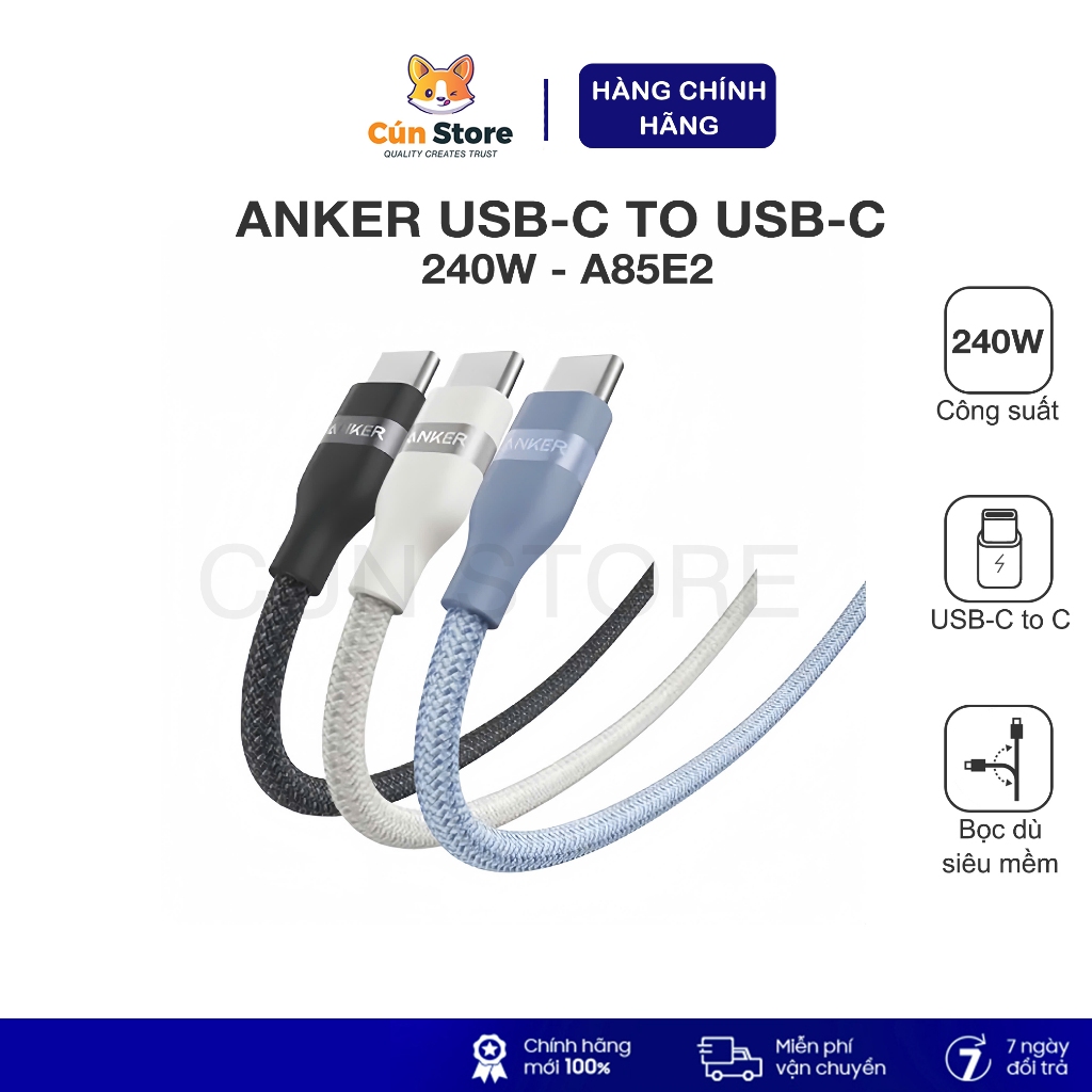 Cáp sạc Anker USB-C to USB-C bọc dù, siêu mềm công suất tối đa 240W - A82E2 | Bảo hành 12 tháng