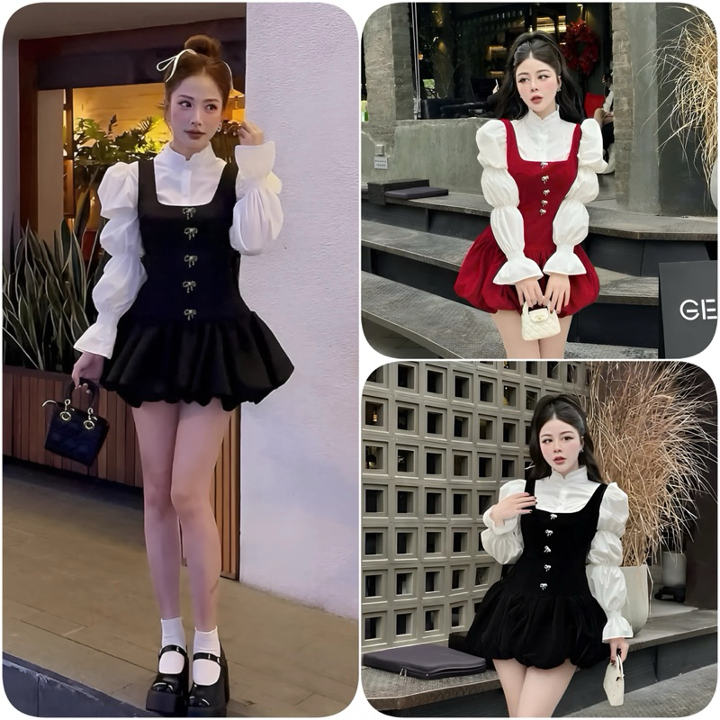 Sét Váy Yếm Nhung 5 Ghim Đá Gồm Váy Yếm Nhung Bí Phồng + Áo Sơ Mi CRT Tay Bo Chun Almira Store - Nữ 