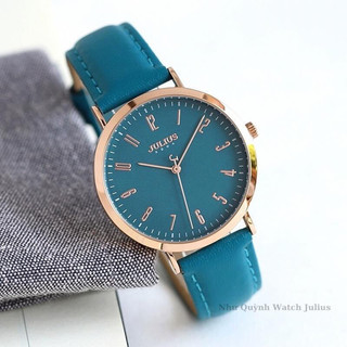 Đồng hồ Julius nữ Ja-1017 Mặt size 3,8cm dây da (Xanh viền đồng)