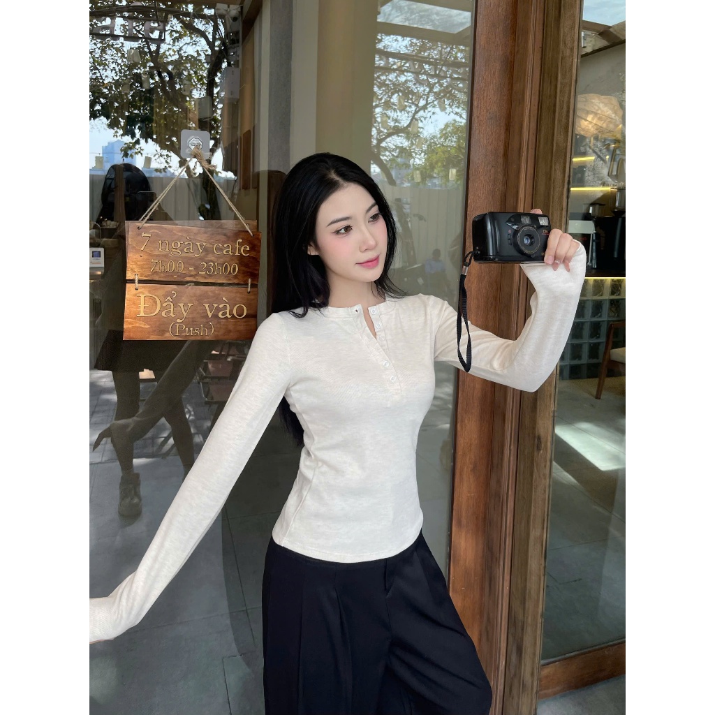 Áo thun tay dài nữ cúc xẻ Coolme, áo dài tay nữ ôm body khuy ngực chất lông thỏ tôn dáng - GLT | BigBuy360 - bigbuy360.vn