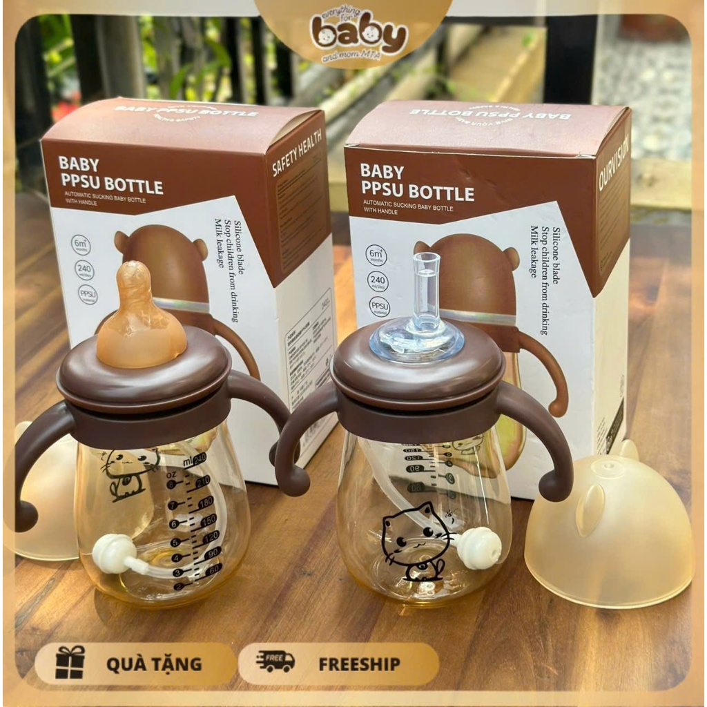 (Tặng kèm tay cầm) Bình sữa cổ rộng, bình bú, hình hút hình mèo cho bé, nhựa PPSU chống sặc an toàn