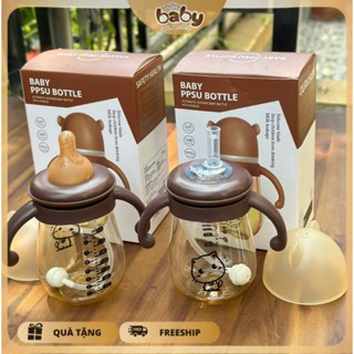 (Tặng kèm tay cầm + cọ rửa ống hút) Bình sữa cổ rộng, bình bú, hình hút hình mèo cho bé, nhựa PPSU chống sặc an toàn