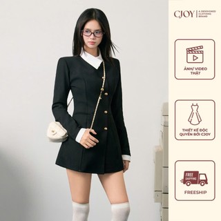  Váy đầm tiểu thư có đệm vai CJOY thiết kế dài tay mix cổ trắng cách điệu sang chảnh Celia Dress 