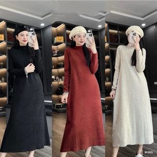 Váy YT72, Đầm Len Tăm Cổ Liền Dáng A Dài Chất Len Tăm Co Dãn Dễ Mặc