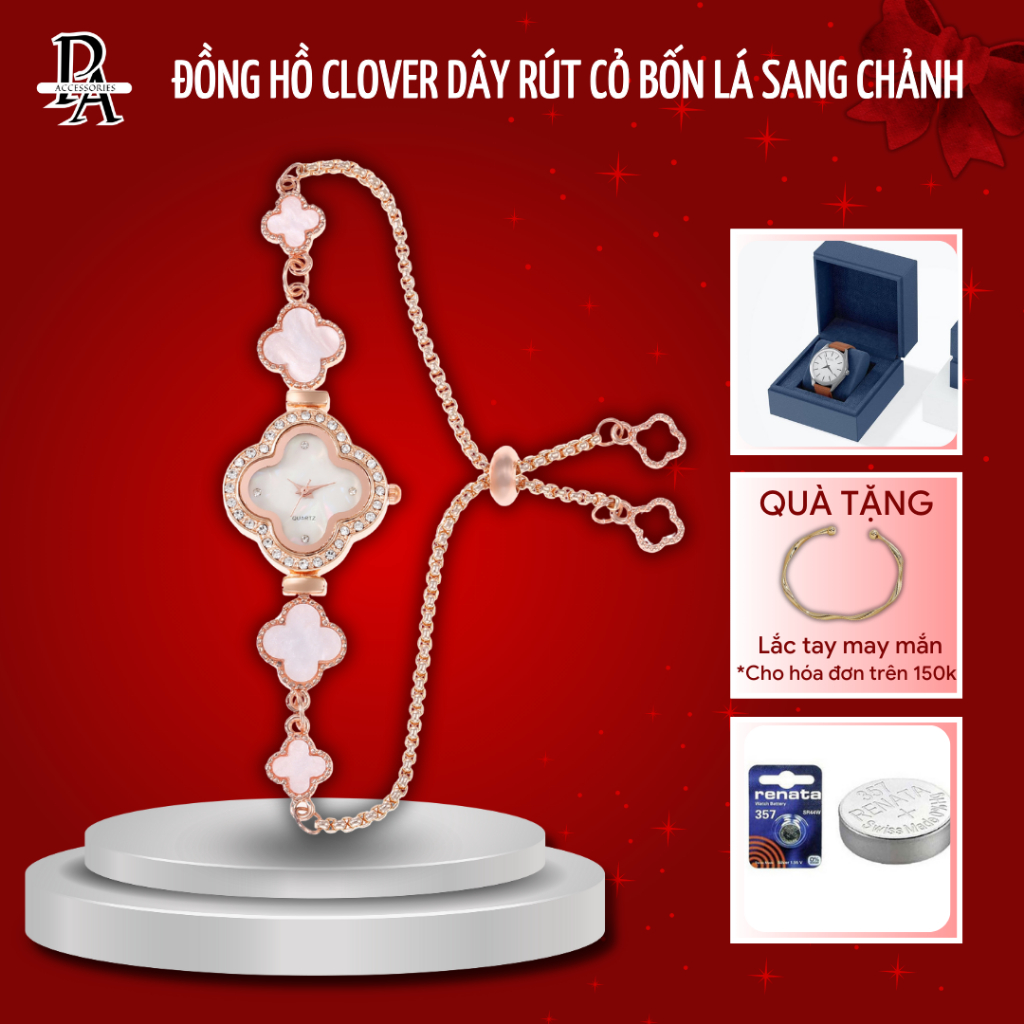 [🔥SẴN HÀNG🔥] Đồng hồ nữ cỏ bốn lá đính kim cương, đồng hồ nữ mặt nhỏ dây rút có thể điều chỉnh