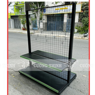  GIÁ TỐT Kệ đôi siêu thị lưới móc cao 1m5 x dài 1m2 x 2 tầng màu đen tặng kèm 10 móc 15cm 
