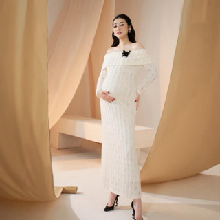 AM500 (CÓ BIGSIZE)🧧Váy bầu len kem thiết kế sang chảnh- váy midi dài tay trễ vai đi hàng bigsize