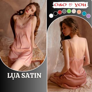 (CHE TÊN_ HOẢ TỐC) Đầm váy ngủ hai dây lụa Satin, màu sắc trơn một màu, liền thân A16988 O&O