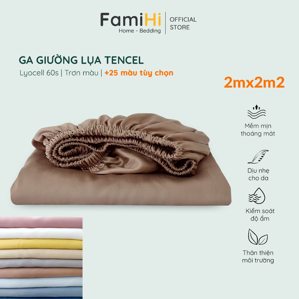 Ga giường vải lụa Tencel 60S 2mx2m2 FamiHi màu trơn cao cấp, ra trải nệm lyocell 100% sợi tự nhiên.