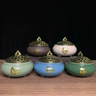 Lư Xông Trầm Hương  - Đỉnh Đốt Nhang Bằng Gốm Cao Cấp Thư Pháp Tinh Xảo Kèm Lót Bông Đế Chống Cháy