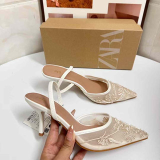 giày nữ đế nhọn quai thun nhẹ inbox size Giày cao gót Z mũi nhọn vải lưới thêu hoa phong cách tiểu thư Mary Jane