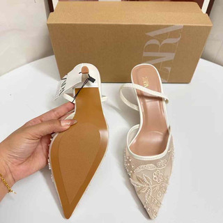 giày nữ đế nhọn quai thun nhẹ inbox size Giày cao gót Z mũi nhọn vải lưới thêu hoa phong cách tiểu thư Mary Jane